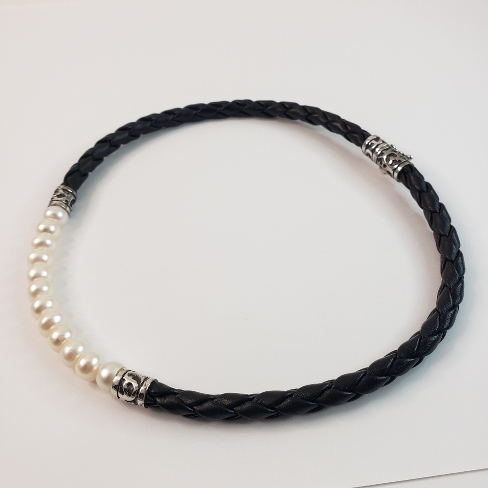 Balinese pearl necklace 925 sterling silver black braided leather Bali A0147 -1Q